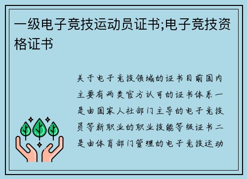 一级电子竞技运动员证书;电子竞技资格证书